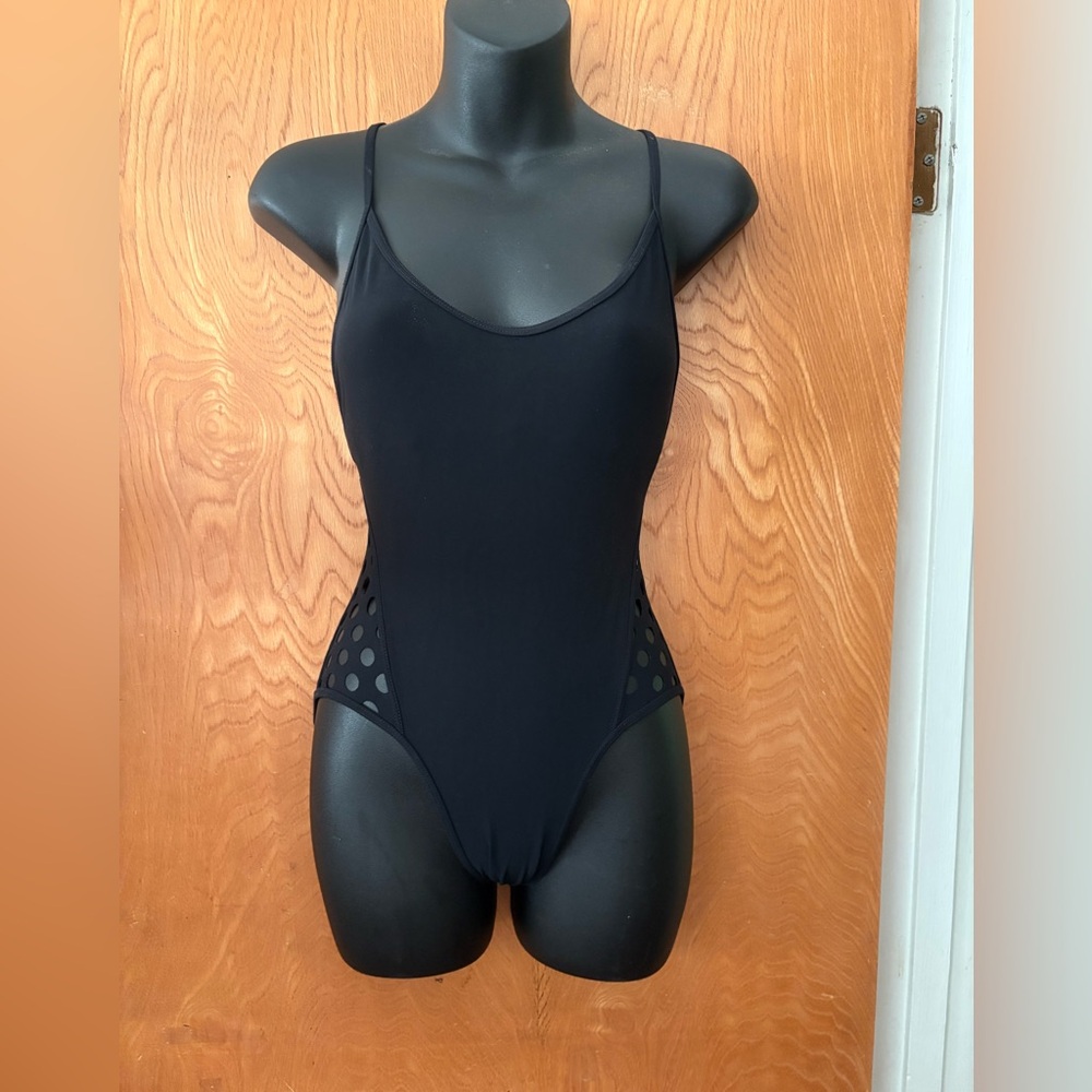 Classic Black One-Piece Swimsuit with Mesh Dot Panels